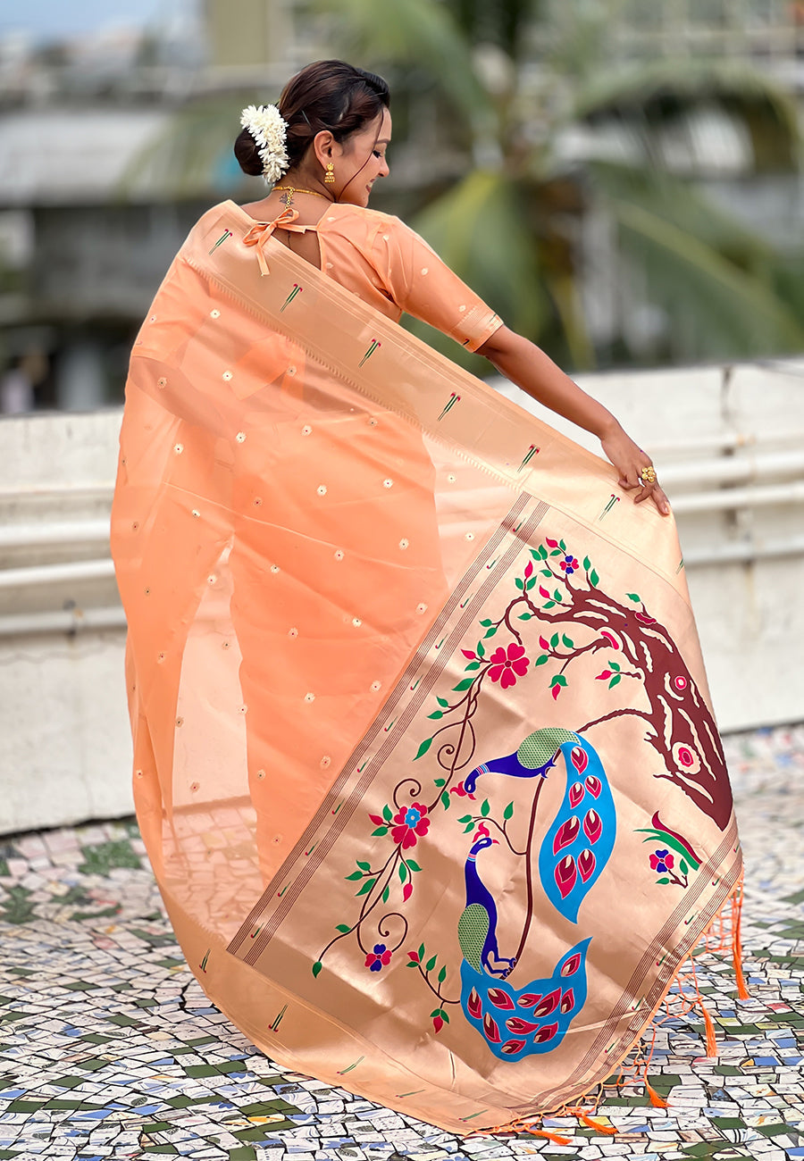 Peach Organza Paithani Zari Organza Saree