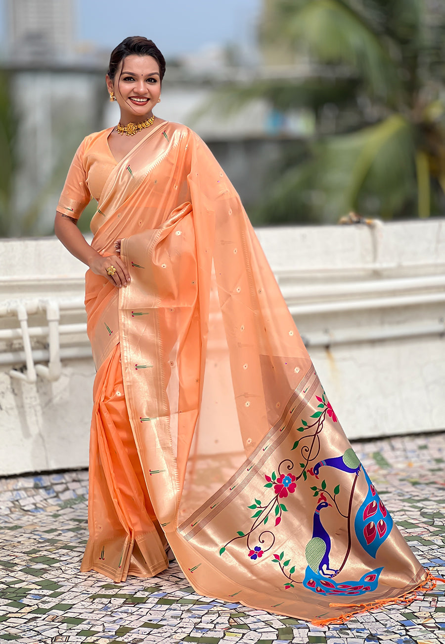 Peach Organza Paithani Zari Organza Saree