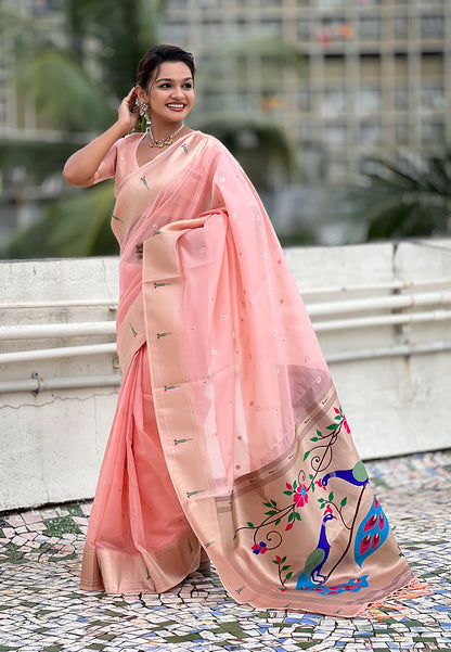 Baby Pink Organza Paithani Zari Organza Saree Organza Saree Anant Tex Exports Pvt.Ltd..