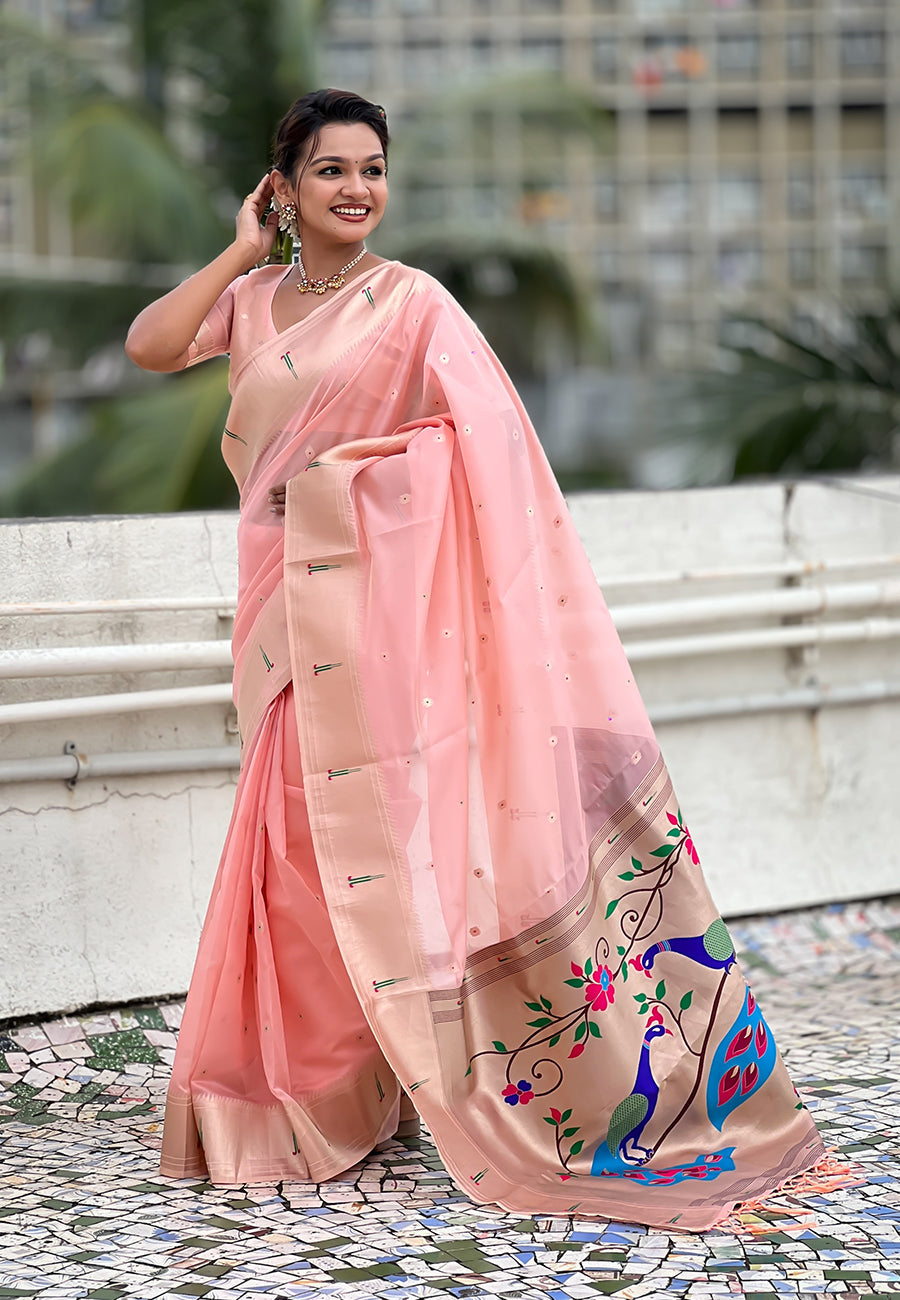 Baby Pink Organza Paithani Zari Organza Saree