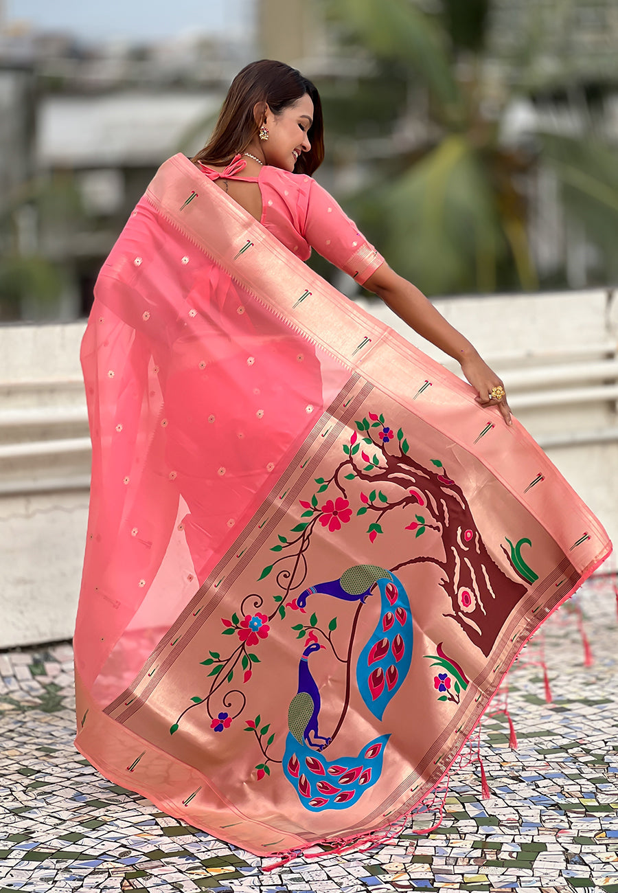 Dark Pink Organza Paithani Zari Organza Saree