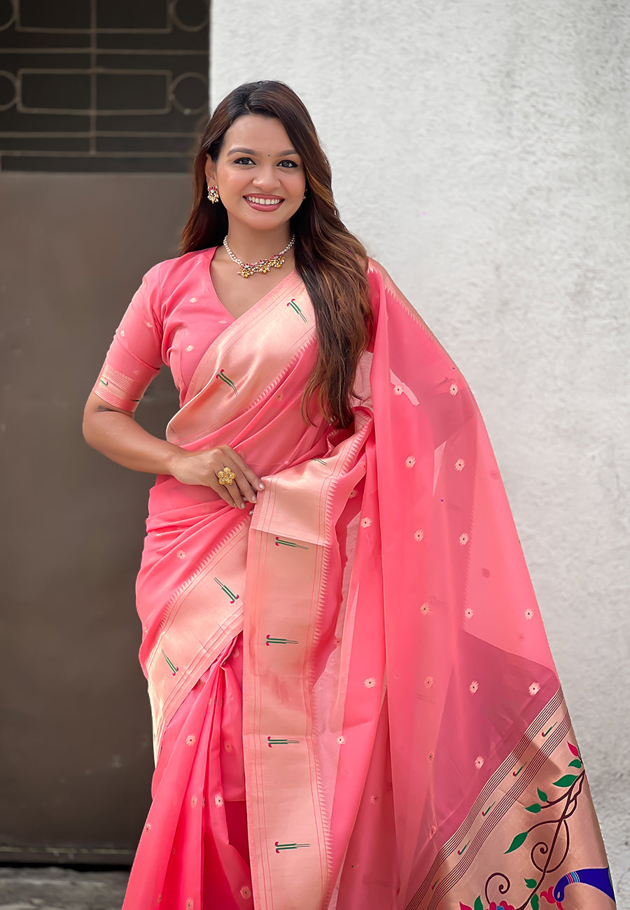 Dark Pink Organza Paithani Zari Organza Saree