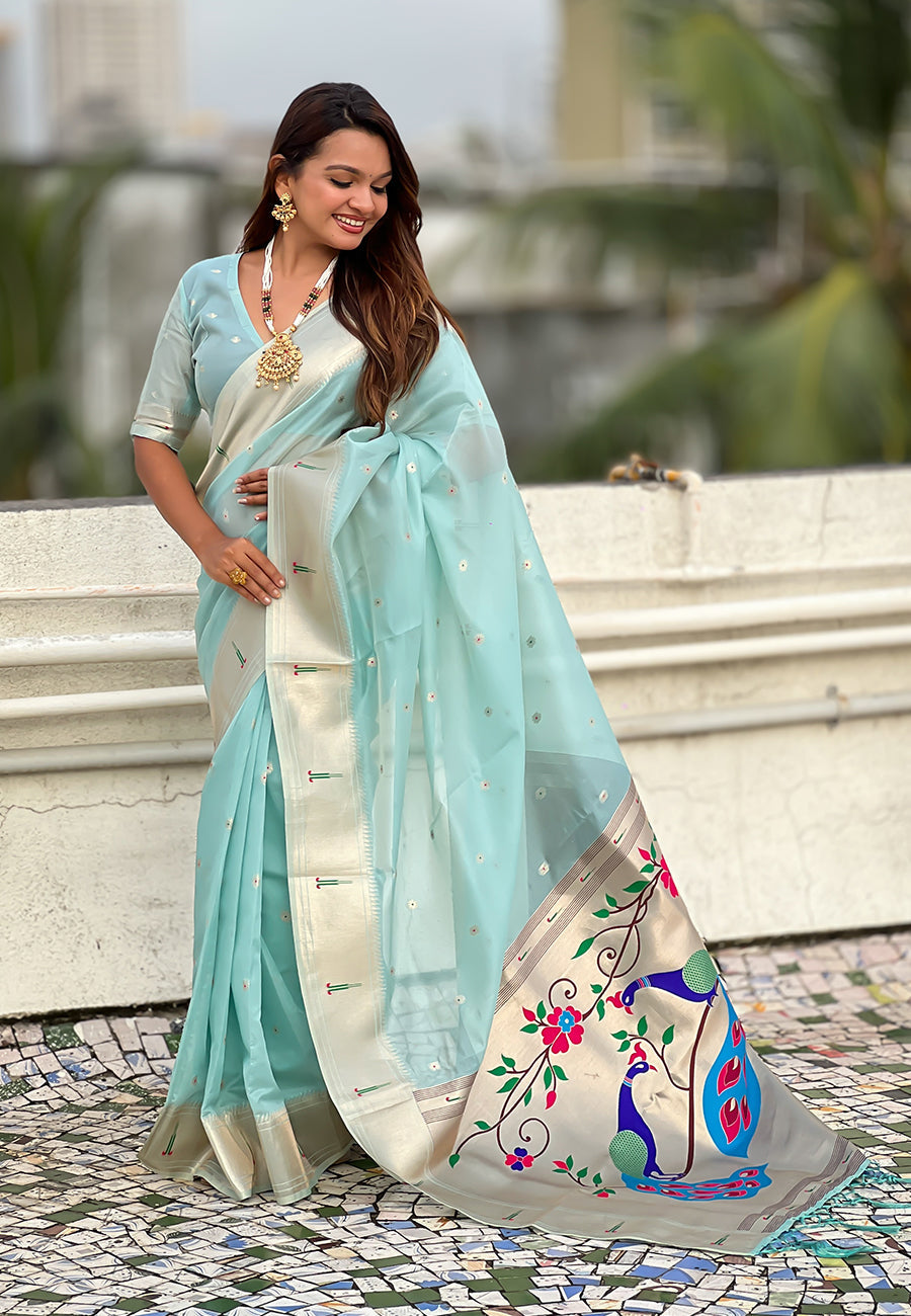 Sky Blue Organza Paithani Zari Organza Saree Organza Saree Anant Tex Exports Pvt.Ltd..