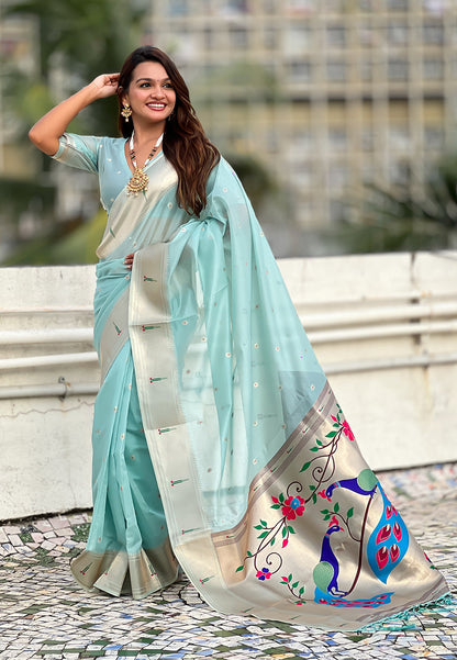 Sky Blue Organza Paithani Zari Organza Saree Organza Saree Anant Tex Exports Pvt.Ltd..