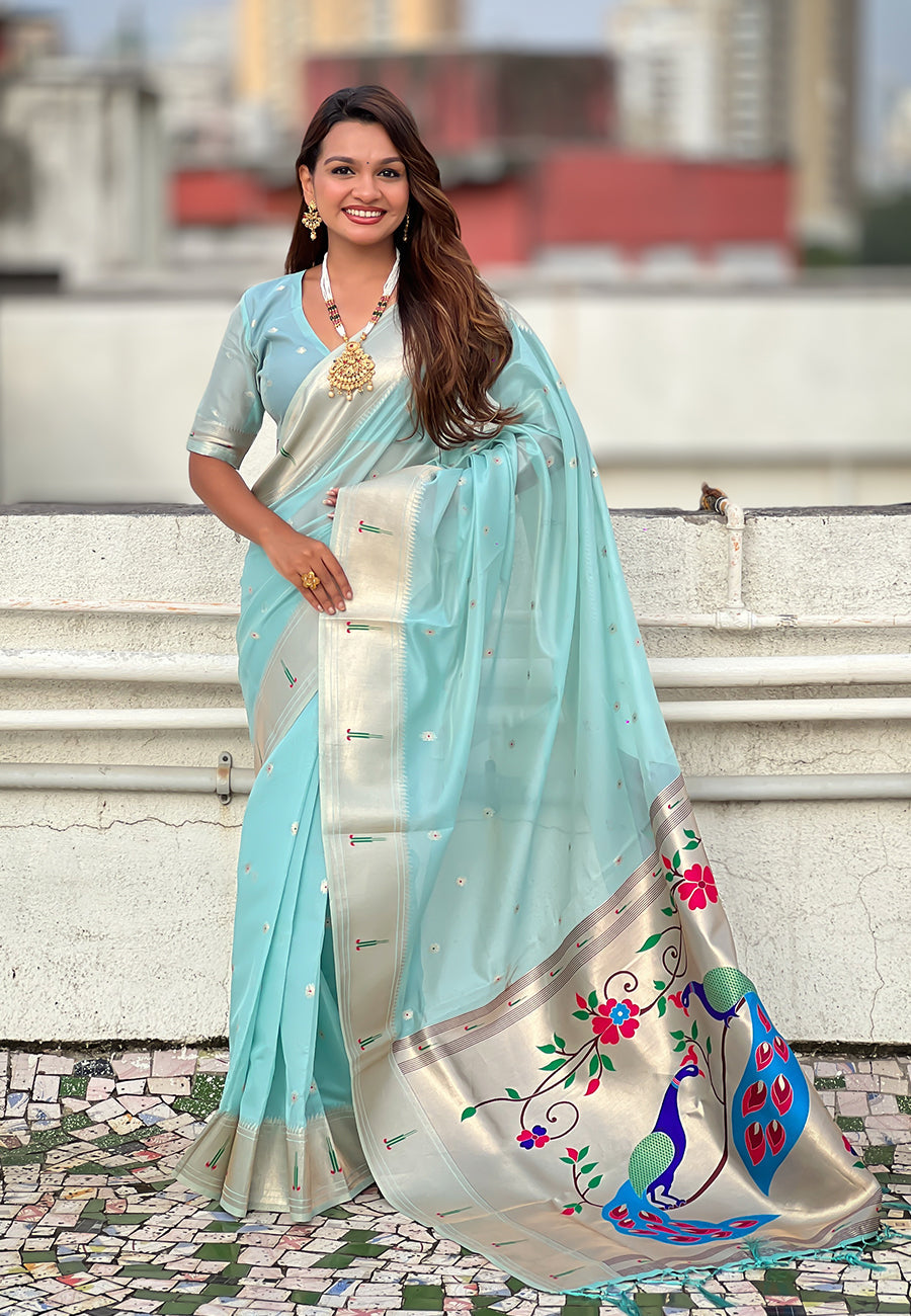 Sky Blue Organza Paithani Zari Organza Saree Organza Saree Anant Tex Exports Pvt.Ltd..