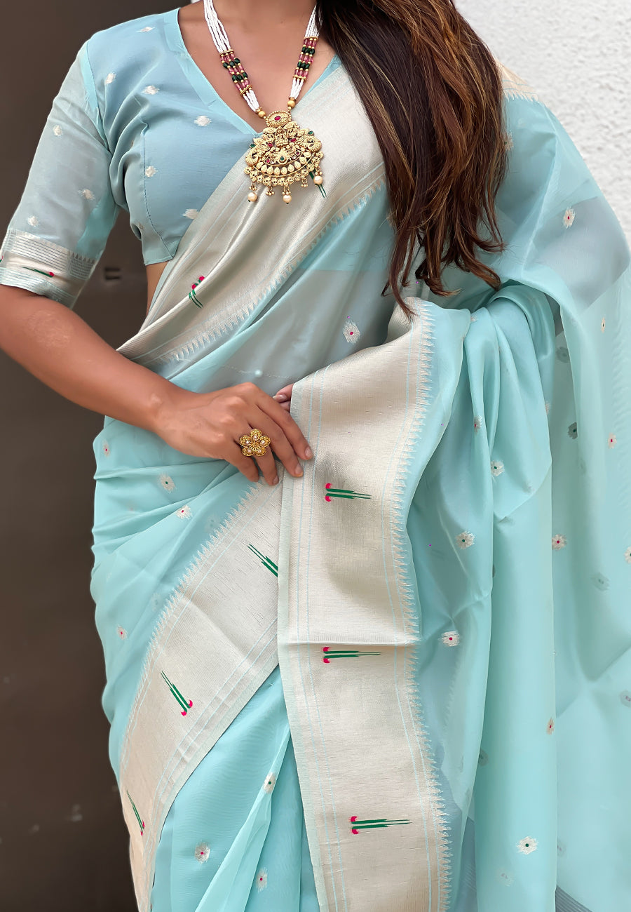 Sky Blue Organza Paithani Zari Organza Saree Organza Saree Anant Tex Exports Pvt.Ltd..