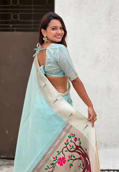 Sky Blue Organza Paithani Zari Organza Saree Organza Saree Anant Tex Exports Pvt.Ltd..