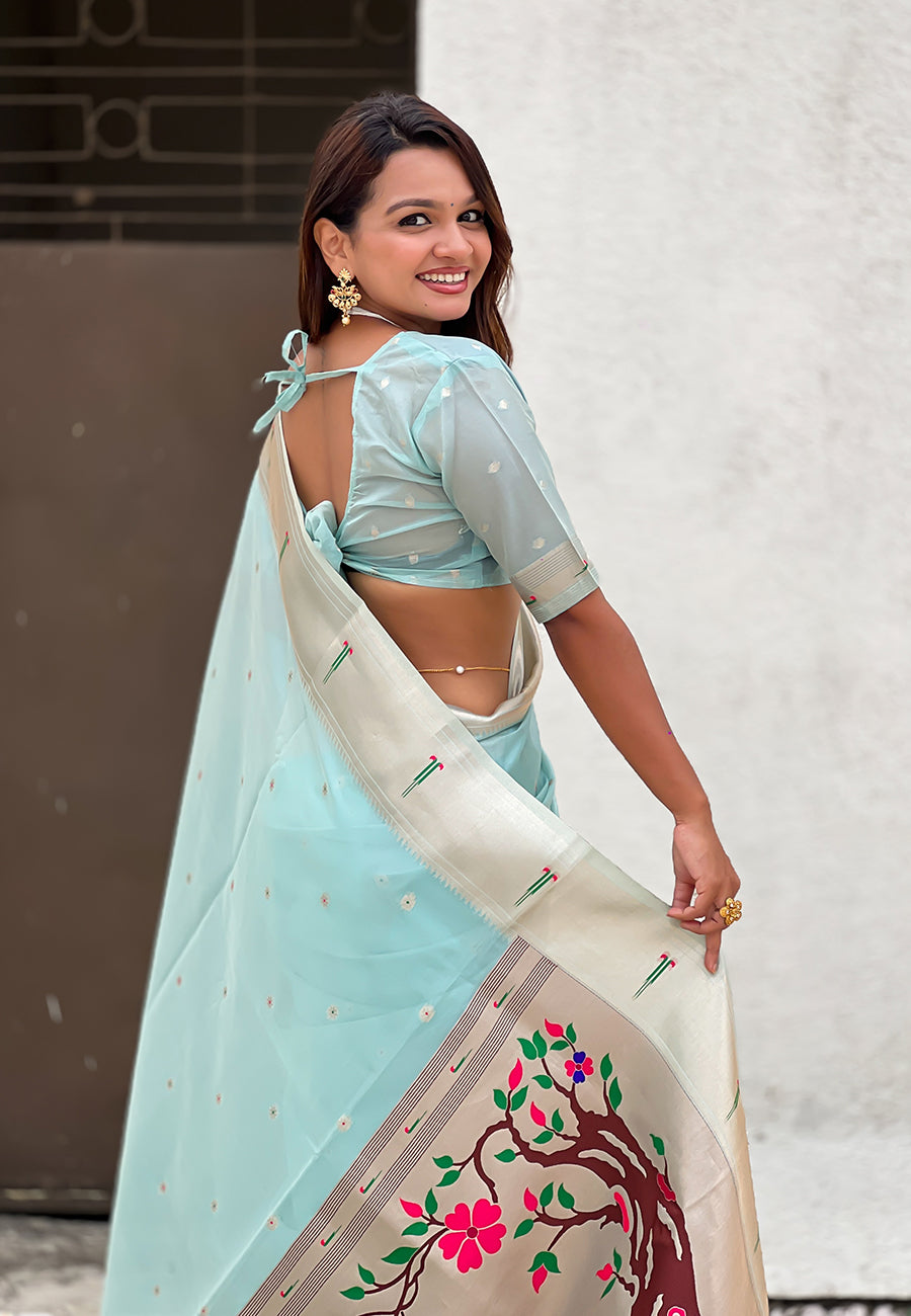 Sky Blue Organza Paithani Zari Organza Saree