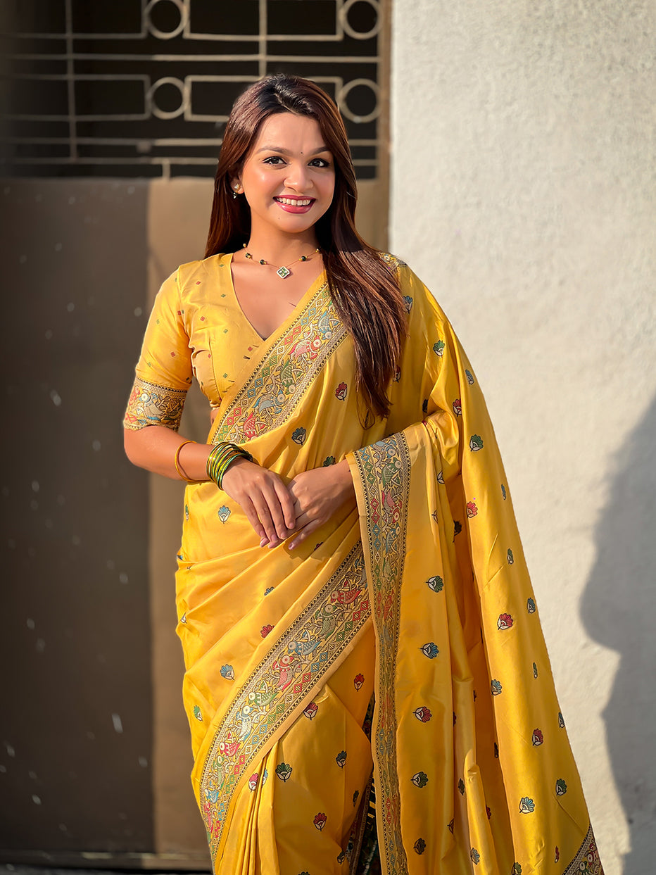 Dark Yellow Pure Soft Baluchari Silk Zari Meenakari Saree