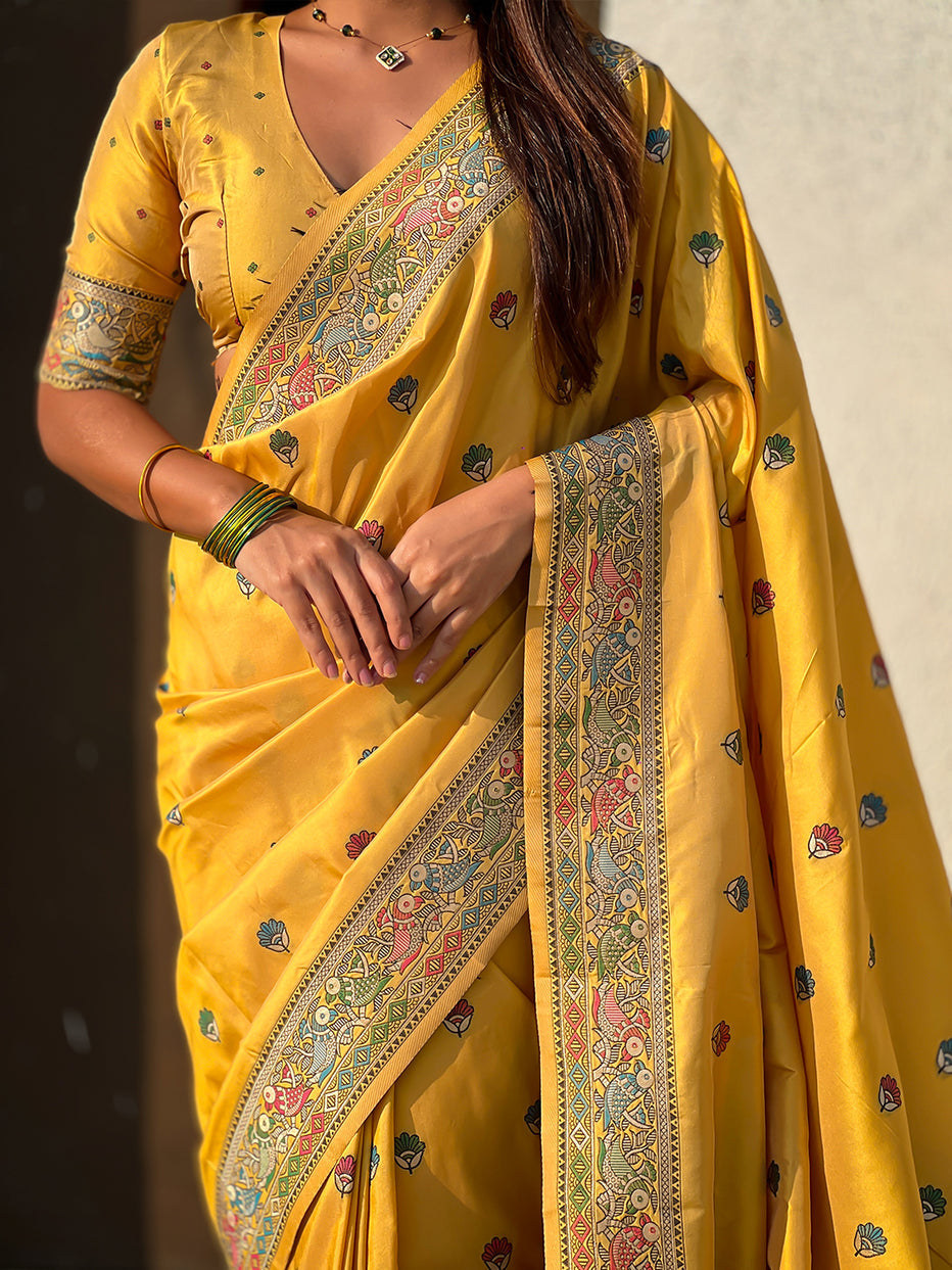 Dark Yellow Pure Soft Baluchari Silk Zari Meenakari Saree Banarasi Saree Anant Tex Exports Pvt.Ltd..