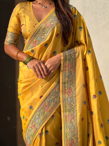 Dark Yellow Pure Soft Baluchari Silk Zari Meenakari Saree Banarasi Saree Anant Tex Exports Pvt.Ltd..