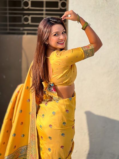 Dark Yellow Pure Soft Baluchari Silk Zari Meenakari Saree Banarasi Saree Anant Tex Exports Pvt.Ltd..