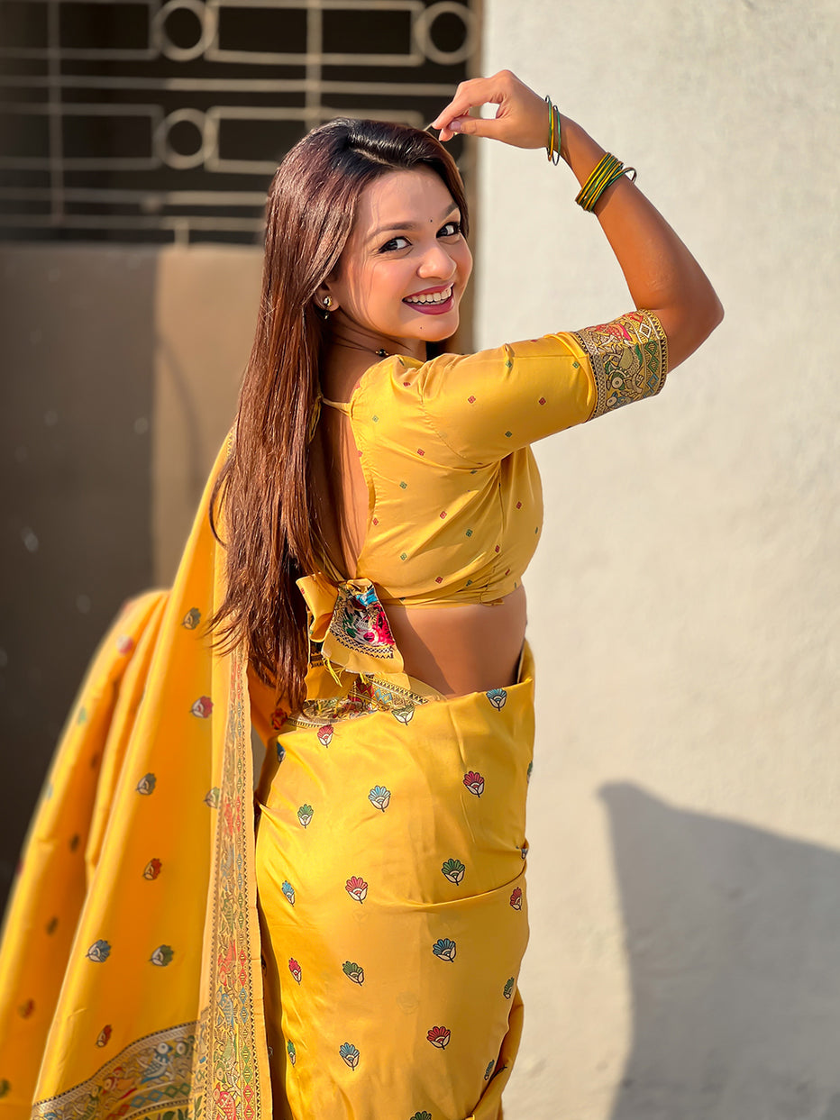 Dark Yellow Pure Soft Baluchari Silk Zari Meenakari Saree