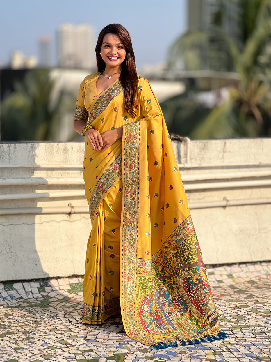 Dark Yellow Pure Soft Baluchari Silk Zari Meenakari Saree