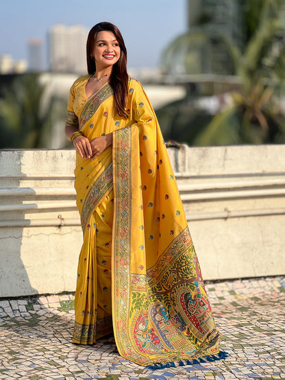 Dark Yellow Pure Soft Baluchari Silk Zari Meenakari Saree Banarasi Saree Anant Tex Exports Pvt.Ltd..