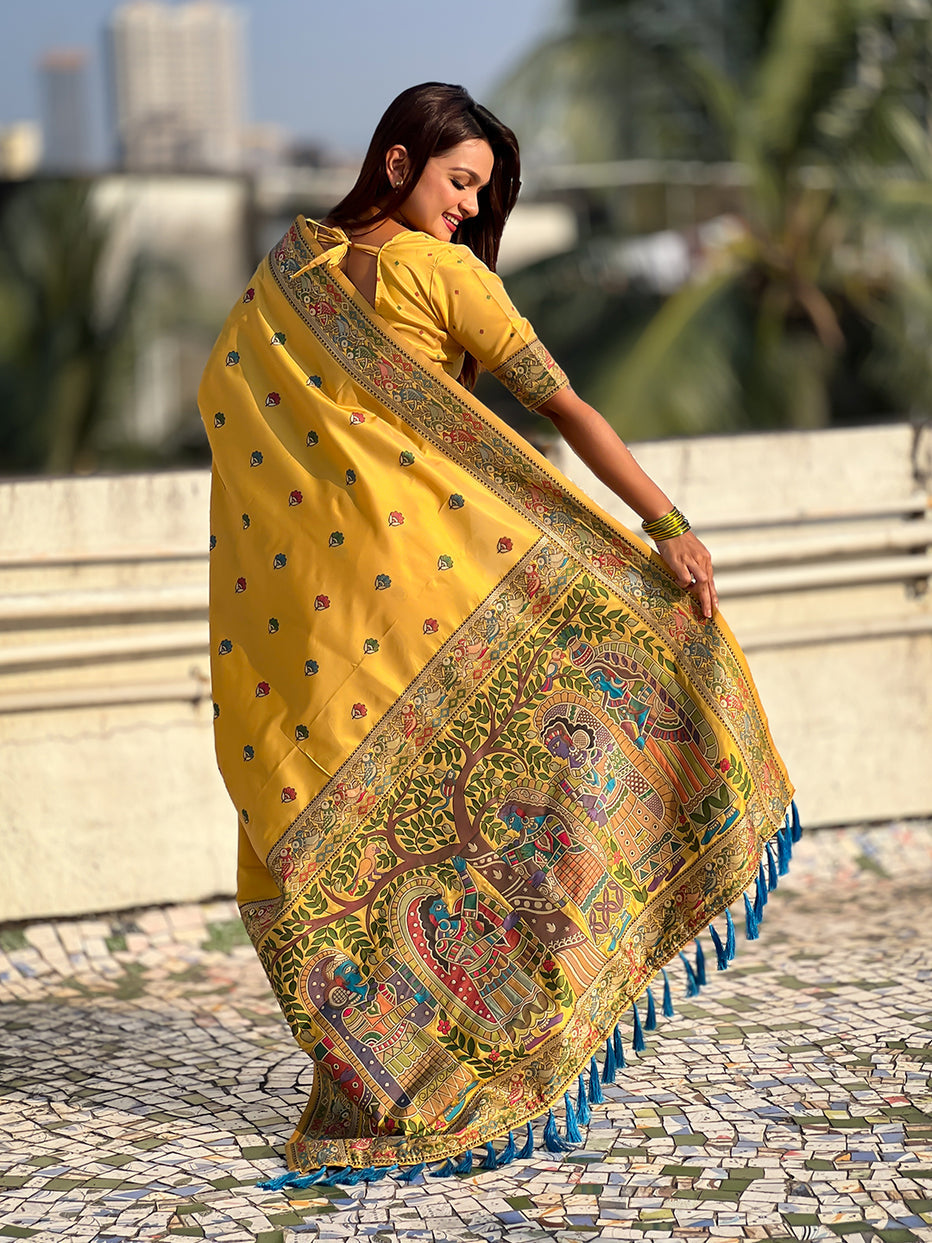 Dark Yellow Pure Soft Baluchari Silk Zari Meenakari Saree