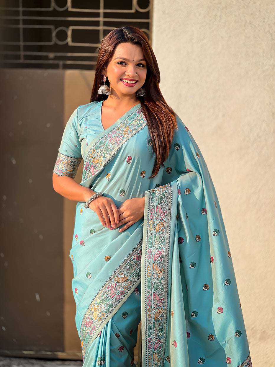 Sea Blue Pure Soft Baluchari Silk Zari Meenakari Saree