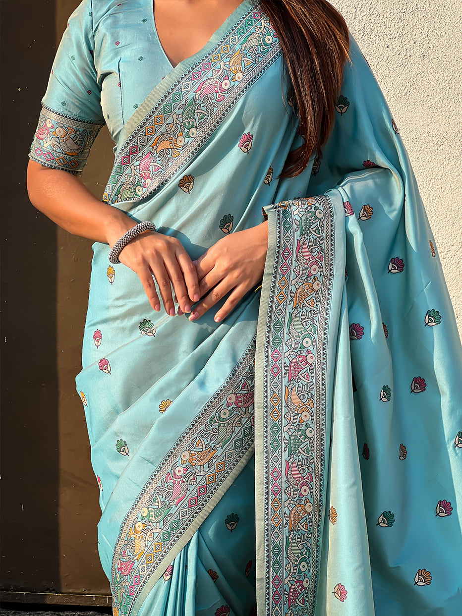 Sea Blue Pure Soft Baluchari Silk Zari Meenakari Saree