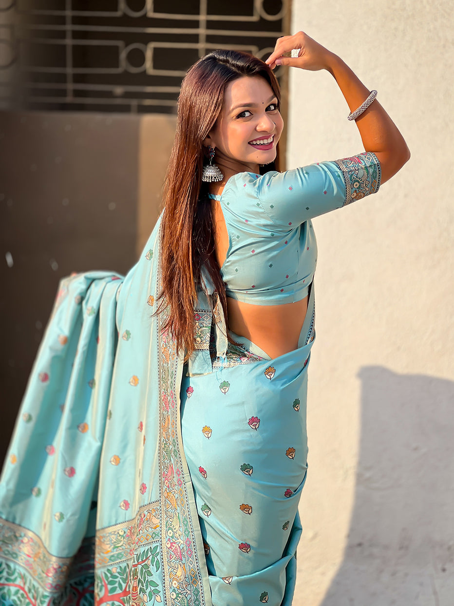Sea Blue Pure Soft Baluchari Silk Zari Meenakari Saree