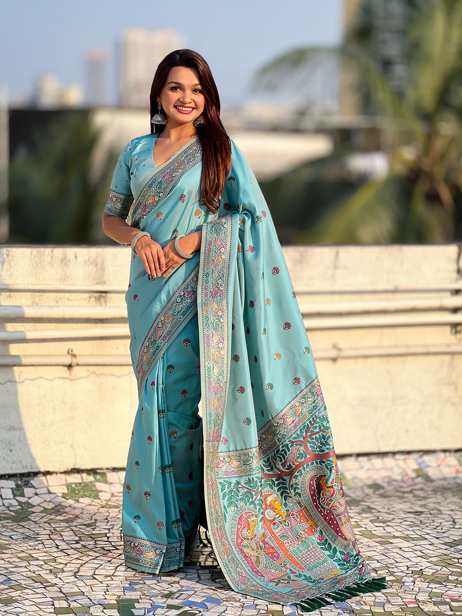 Sea Blue Pure Soft Baluchari Silk Zari Meenakari Saree