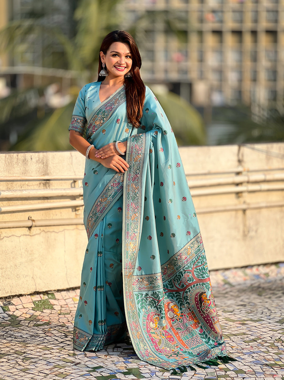 Sea Blue Pure Soft Baluchari Silk Zari Meenakari Saree