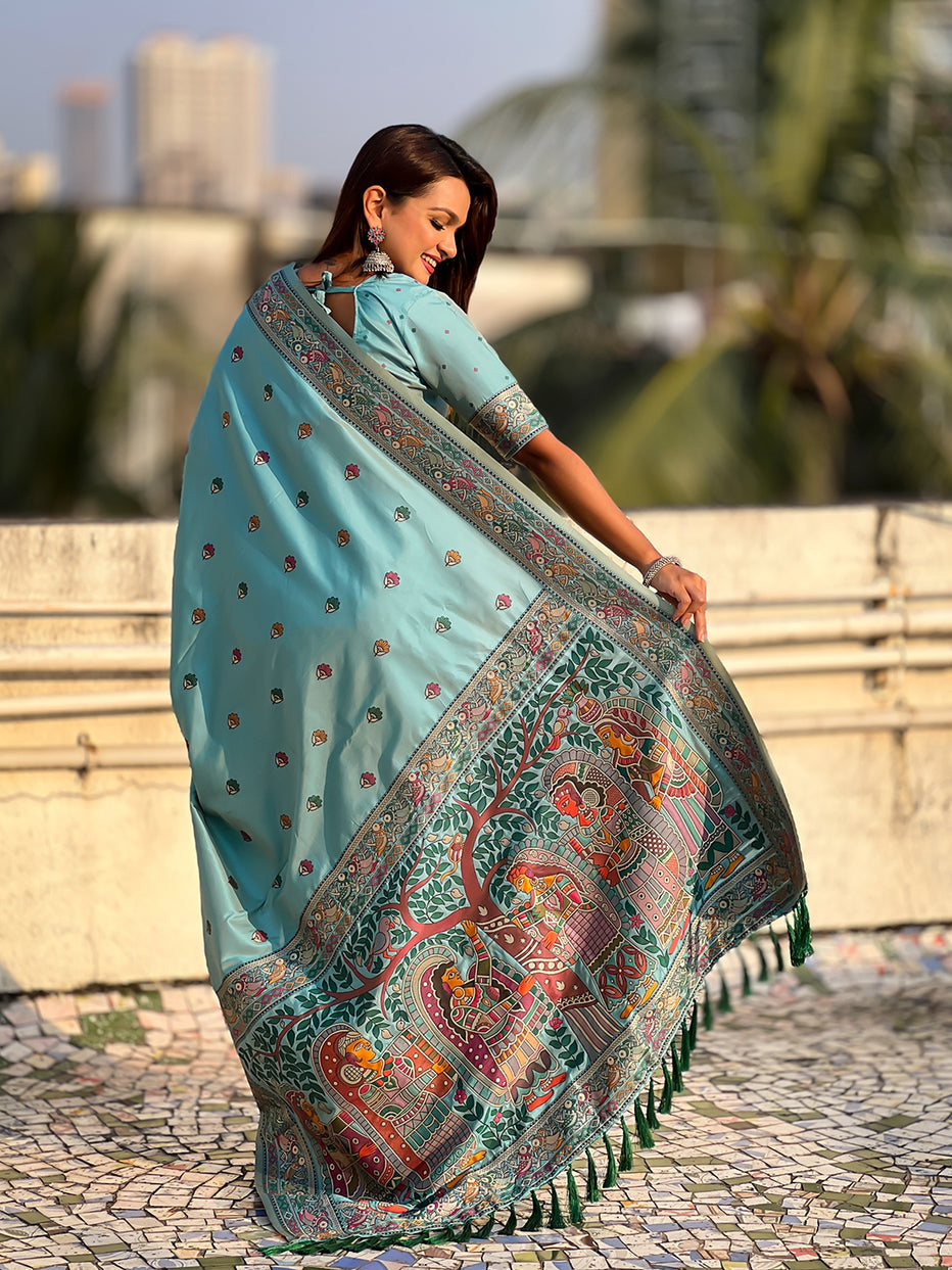 Sea Blue Pure Soft Baluchari Silk Zari Meenakari Saree