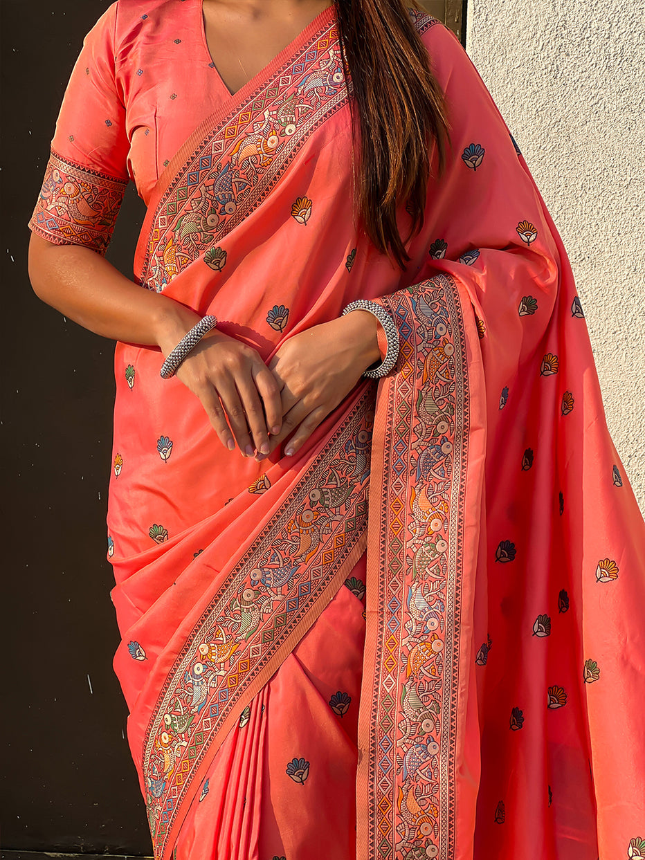 Peach Pure Soft Baluchari Silk Zari Meenakari Saree Banarasi Saree Anant Tex Exports Pvt.Ltd..