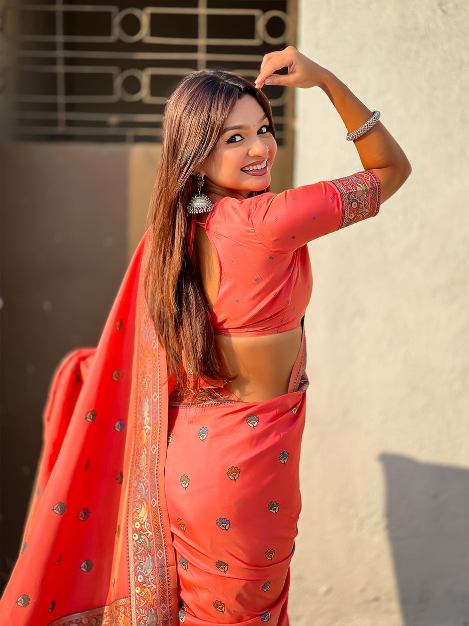 Peach Pure Soft Baluchari Silk Zari Meenakari Saree Banarasi Saree Anant Tex Exports Pvt.Ltd..
