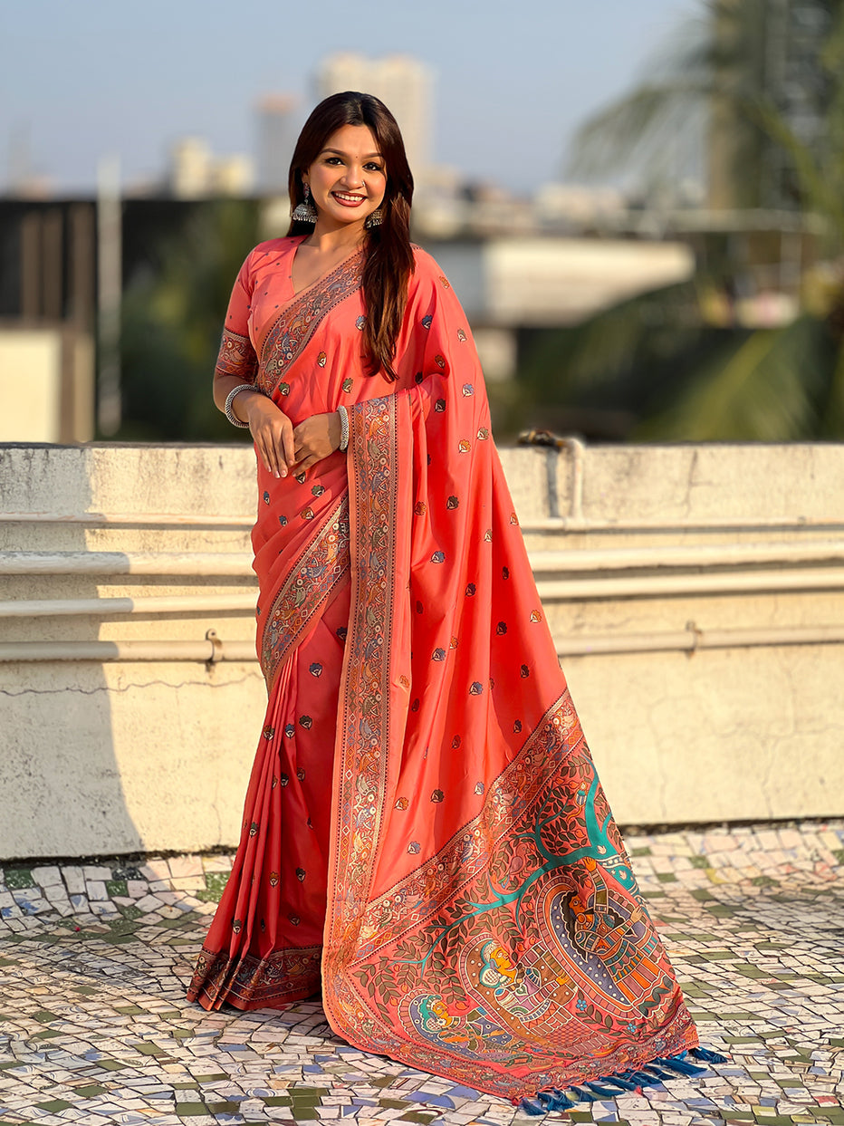 Peach Pure Soft Baluchari Silk Zari Meenakari Saree