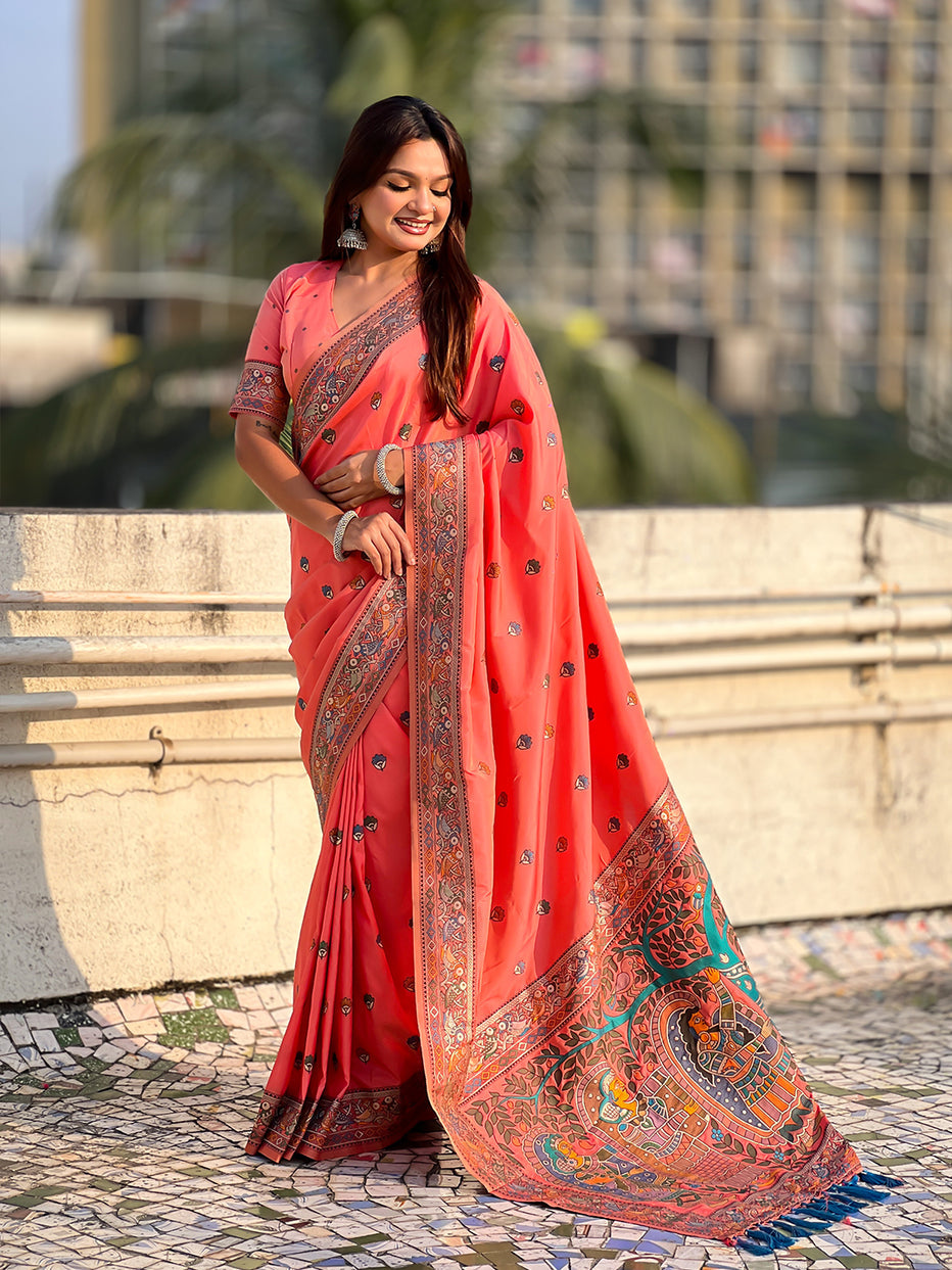 Peach Pure Soft Baluchari Silk Zari Meenakari Saree