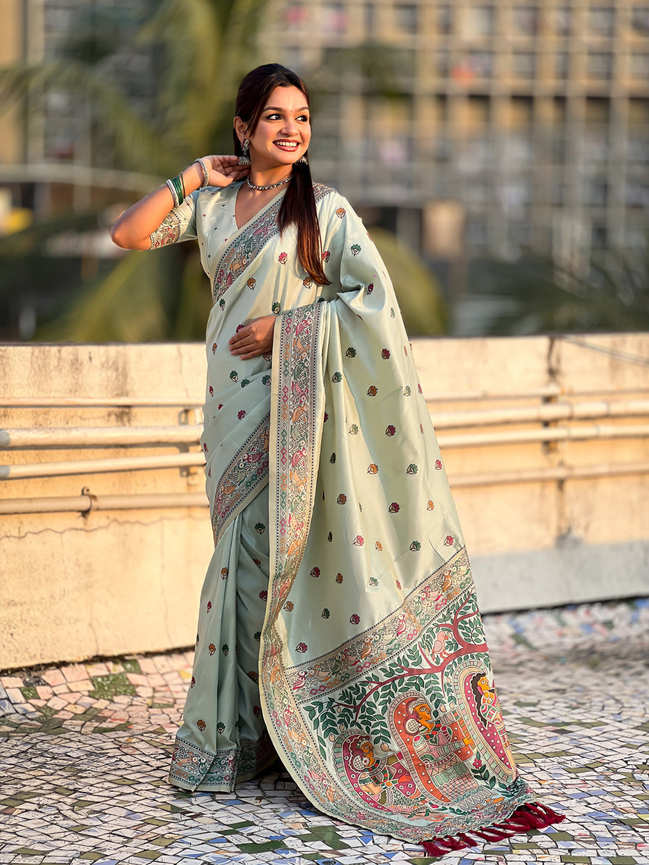 Sky Blue Pure Soft Baluchari Silk Zari Meenakari Saree