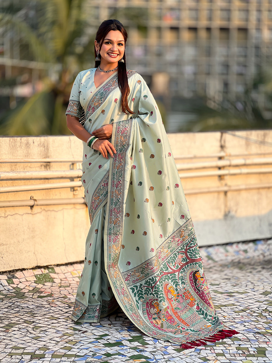 Sky Blue Pure Soft Baluchari Silk Zari Meenakari Saree