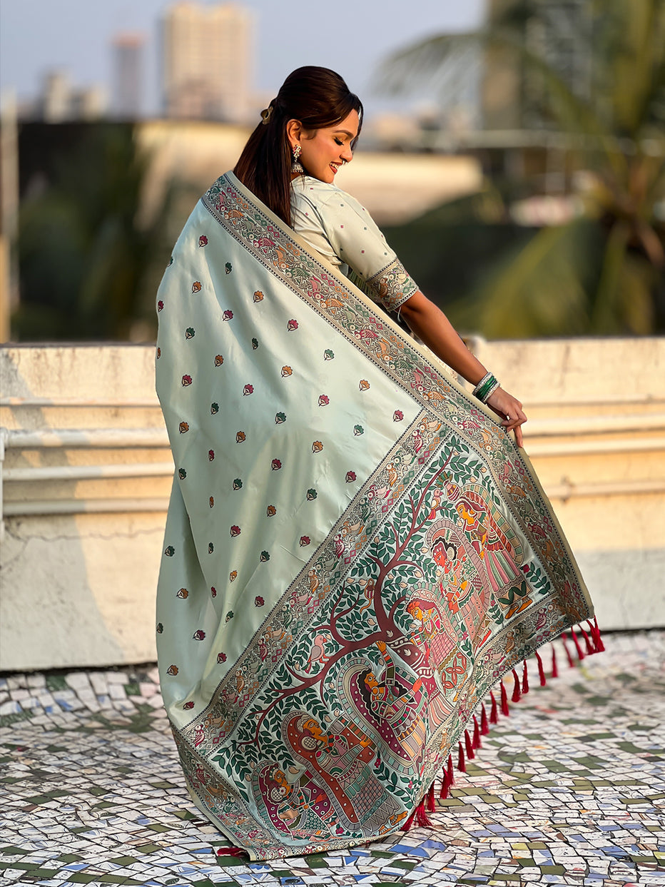 Sky Blue Pure Soft Baluchari Silk Zari Meenakari Saree