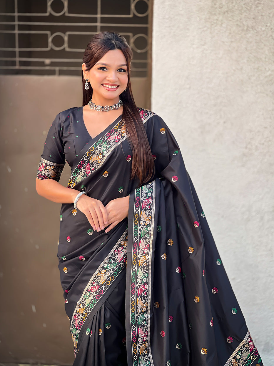 Black Pure Soft Baluchari Silk Zari Meenakari Saree Banarasi Saree Anant Tex Exports Pvt.Ltd..