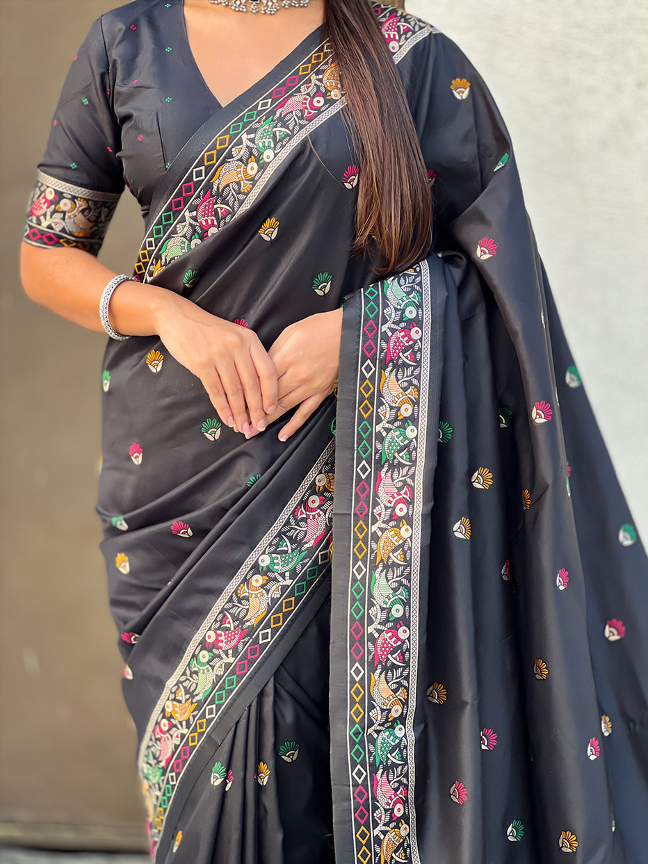 Black Pure Soft Baluchari Silk Zari Meenakari Saree Banarasi Saree Anant Tex Exports Pvt.Ltd..