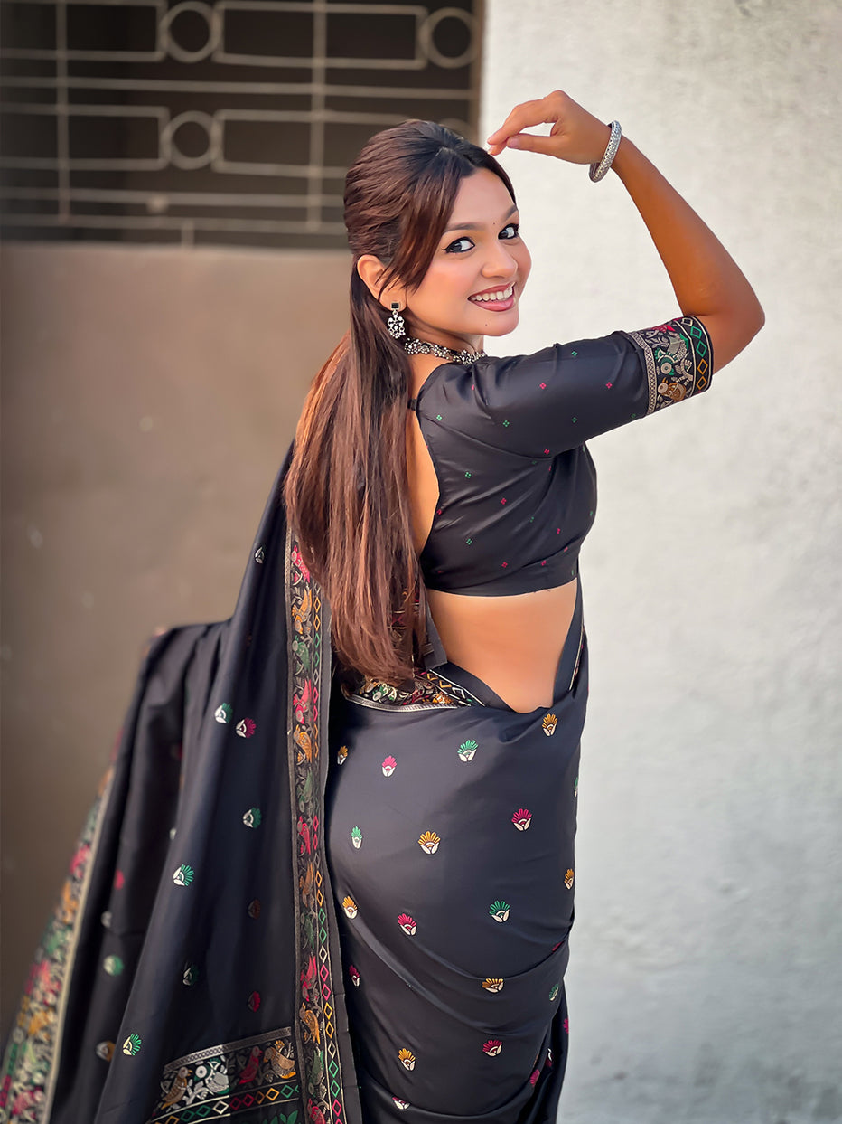 Black Pure Soft Baluchari Silk Zari Meenakari Saree
