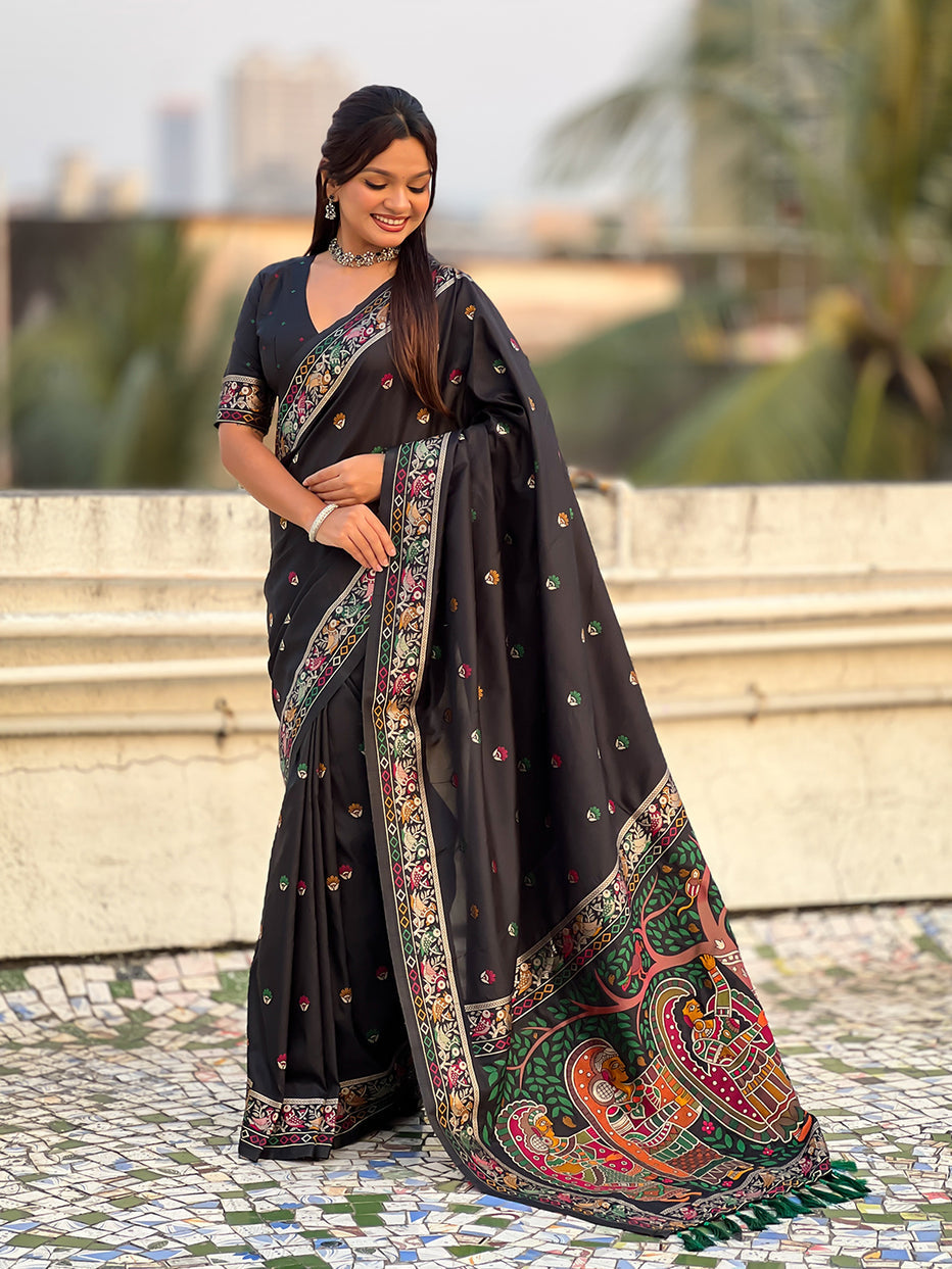 Black Pure Soft Baluchari Silk Zari Meenakari Saree Banarasi Saree Anant Tex Exports Pvt.Ltd..