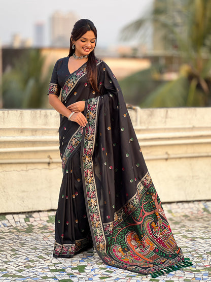 Black Pure Soft Baluchari Silk Zari Meenakari Saree Banarasi Saree Anant Tex Exports Pvt.Ltd..