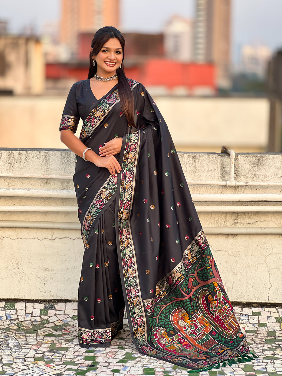 Black Pure Soft Baluchari Silk Zari Meenakari Saree