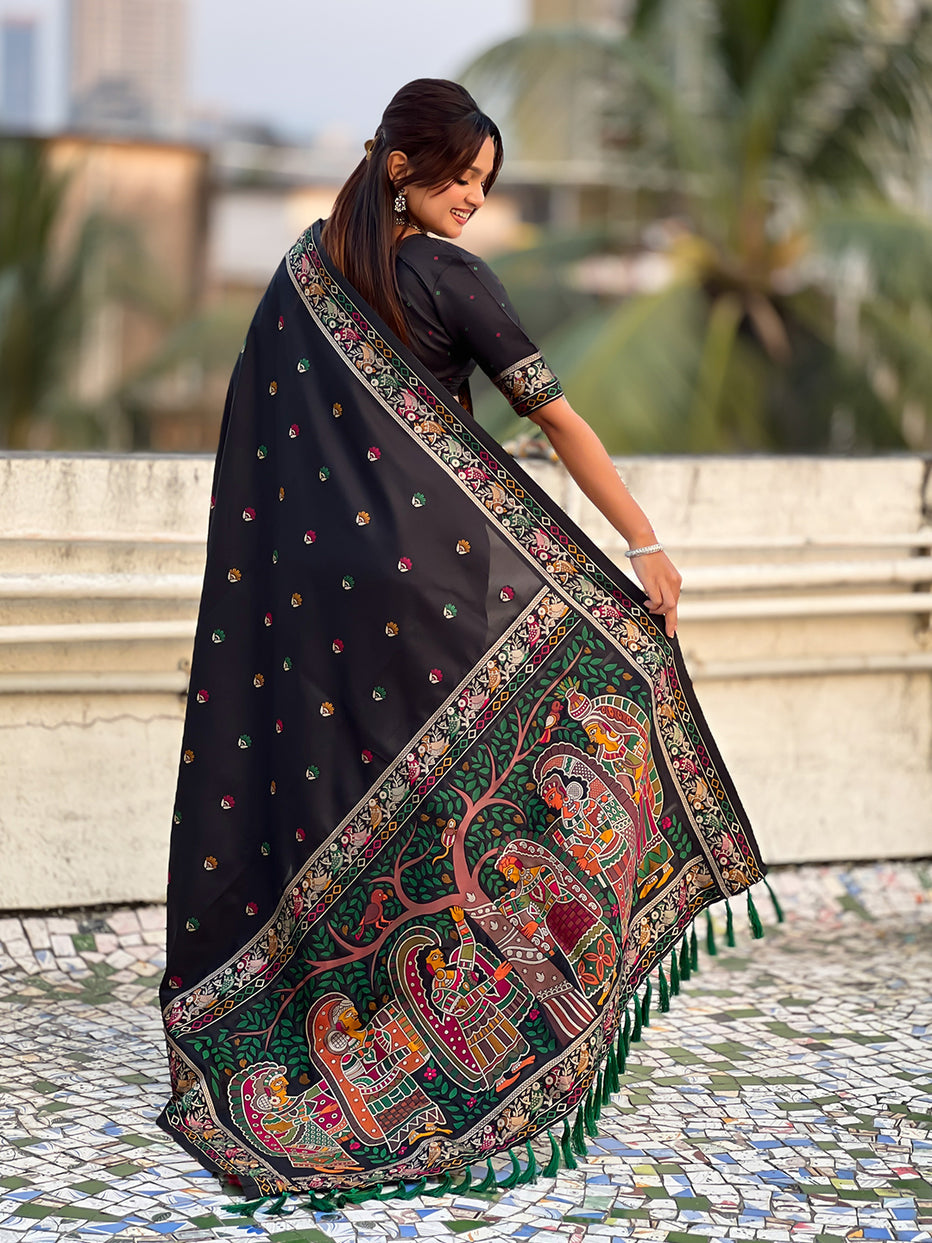 Black Pure Soft Baluchari Silk Zari Meenakari Saree Banarasi Saree Anant Tex Exports Pvt.Ltd..
