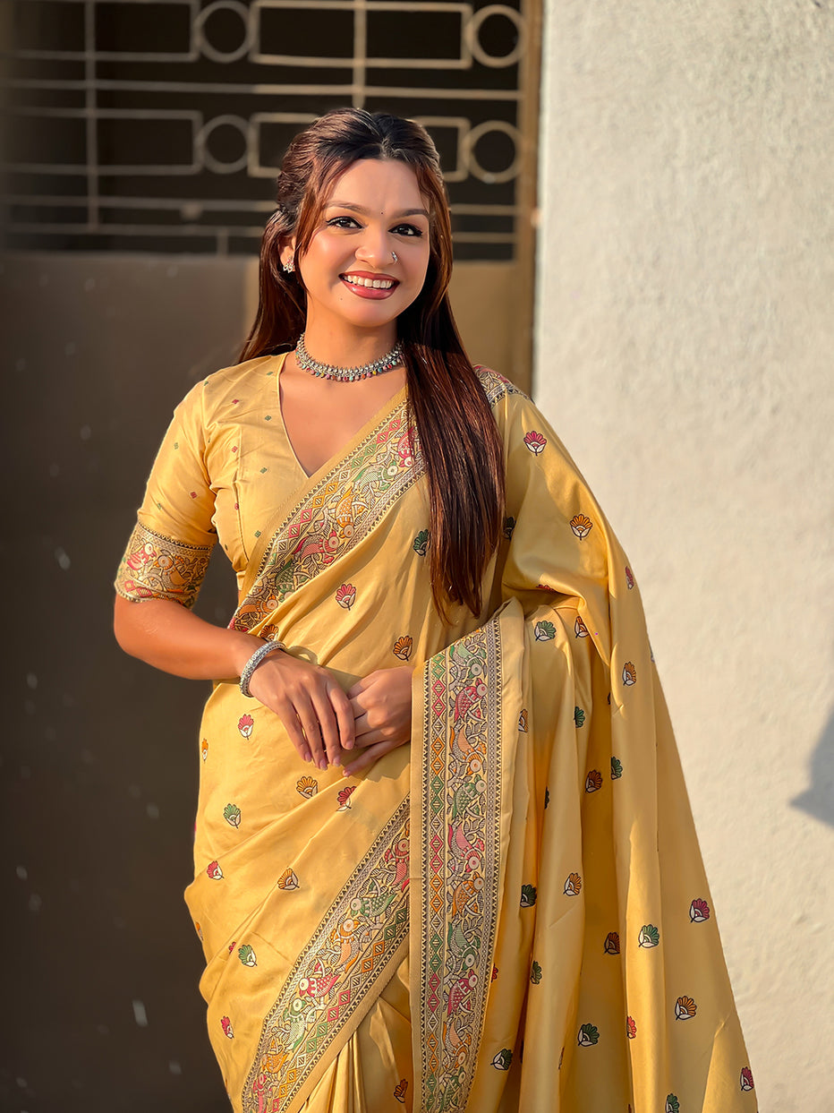 Light Yellow Pure Soft Baluchari Silk Zari Meenakari Saree