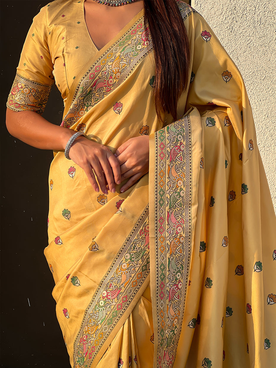 Light Yellow Pure Soft Baluchari Silk Zari Meenakari Saree
