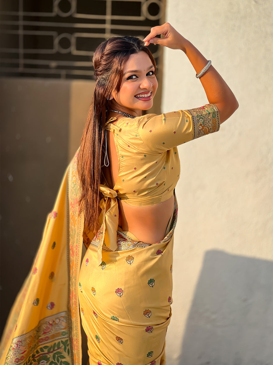 Light Yellow Pure Soft Baluchari Silk Zari Meenakari Saree