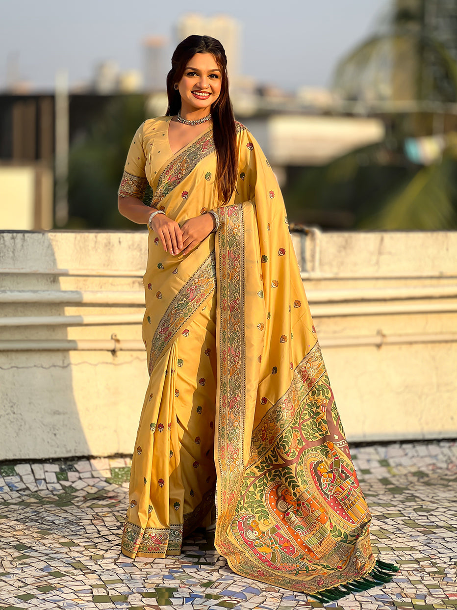 Light Yellow Pure Soft Baluchari Silk Zari Meenakari Saree