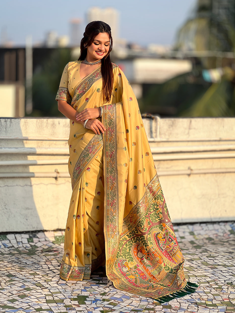 Light Yellow Pure Soft Baluchari Silk Zari Meenakari Saree