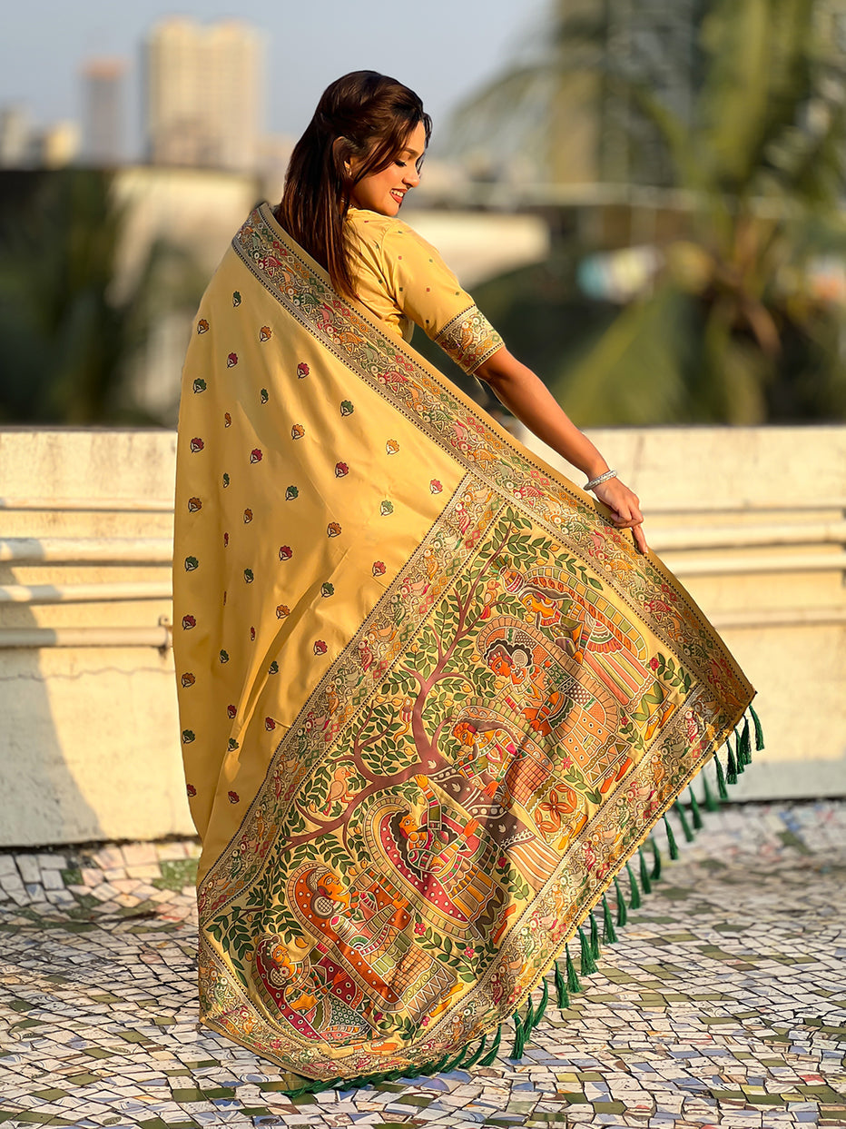 Light Yellow Pure Soft Baluchari Silk Zari Meenakari Saree