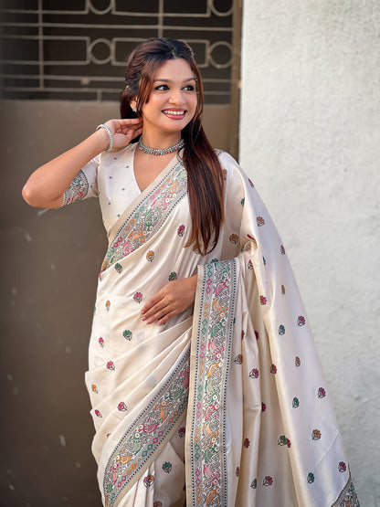 Cream Pure Soft Baluchari Silk Zari Meenakari Saree Banarasi Saree Anant Tex Exports Pvt.Ltd..