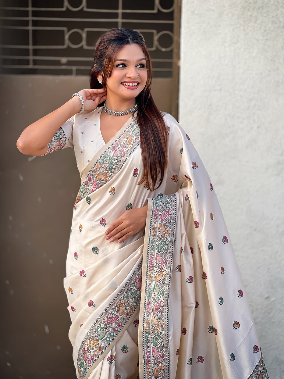 Cream Pure Soft Baluchari Silk Zari Meenakari Saree