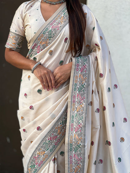 Cream Pure Soft Baluchari Silk Zari Meenakari Saree Banarasi Saree Anant Tex Exports Pvt.Ltd..