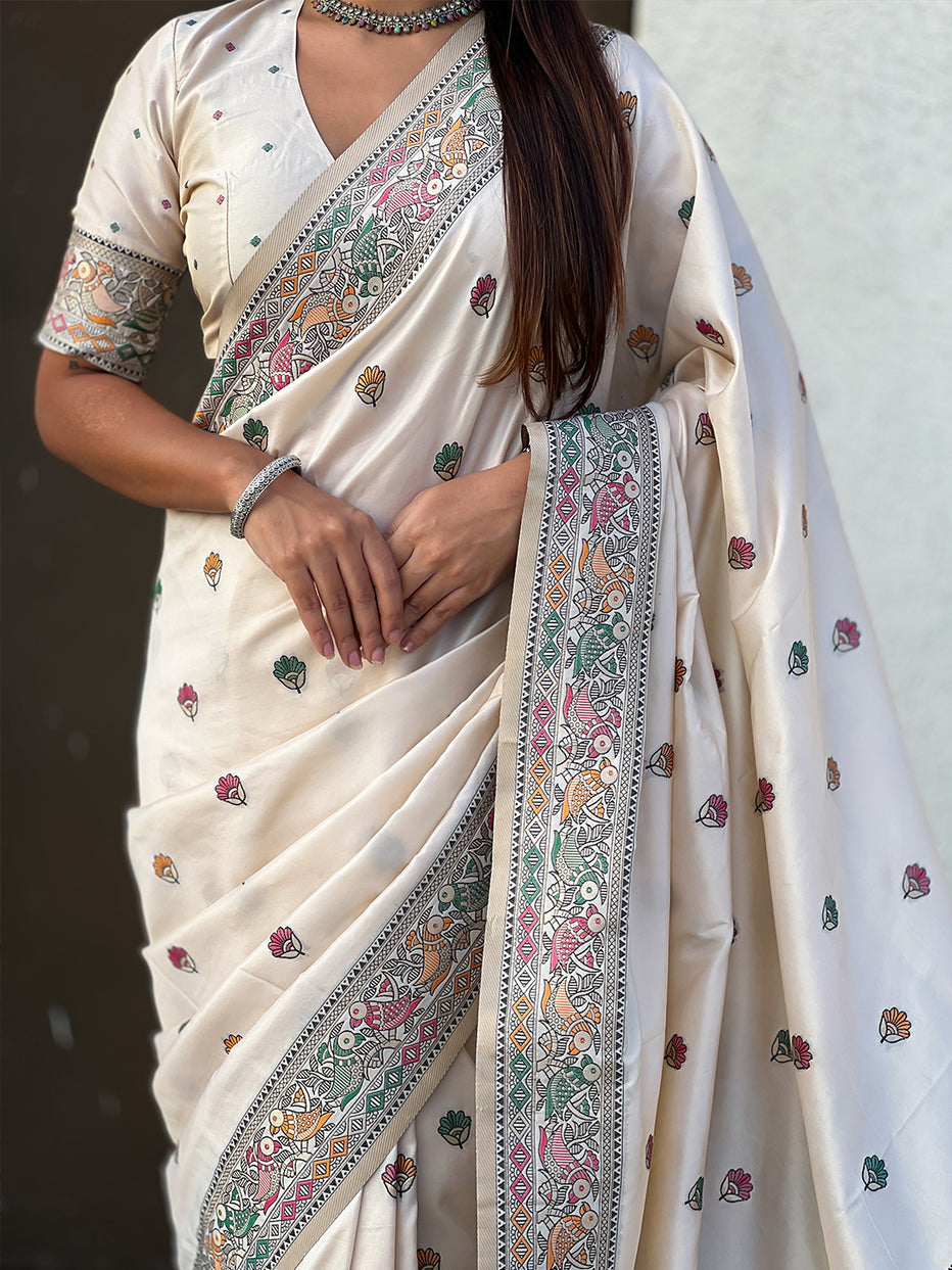 Cream Pure Soft Baluchari Silk Zari Meenakari Saree